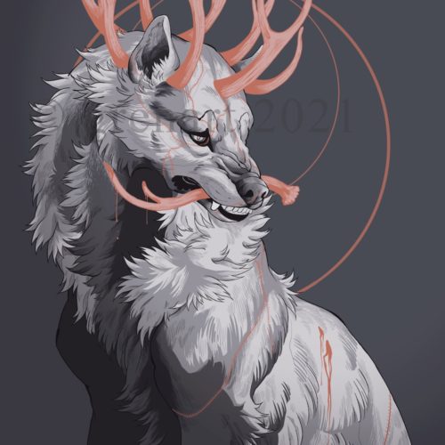 wolf with antler crown print
