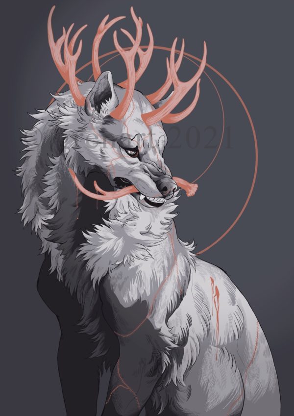 wolf with antler crown print