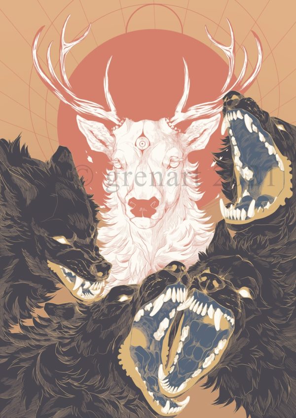 deer with wolves print