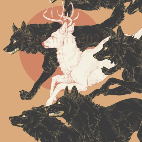 deer running with wolves print