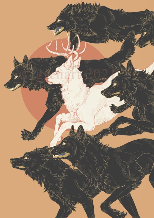 deer running with wolves print